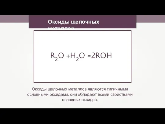 Оксиды щелочных металлов Оксиды щелочных металлов являются типичными основными оксидами, они