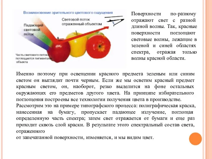 Поверхности по-разному отражают свет с разной длиной волны. Так, красные поверхности