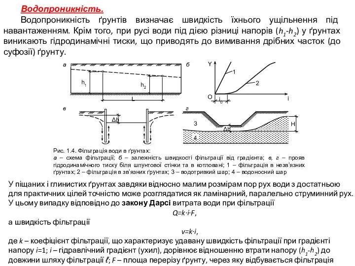 Водопроникність. Водопроникність ґрунтів визначає швидкість їхнього ущільнення під навантаженням. Крім того,