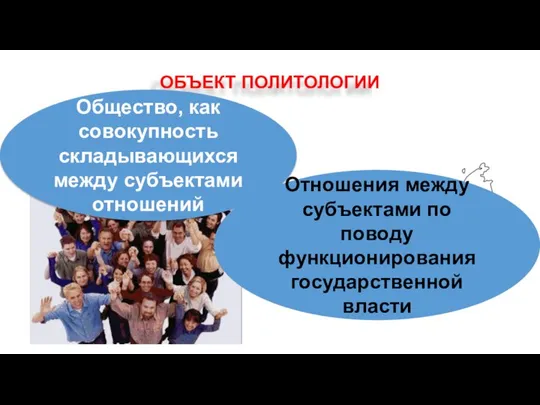 ОБЪЕКТ ПОЛИТОЛОГИИ Общество, как совокупность складывающихся между субъектами отношений Отношения между