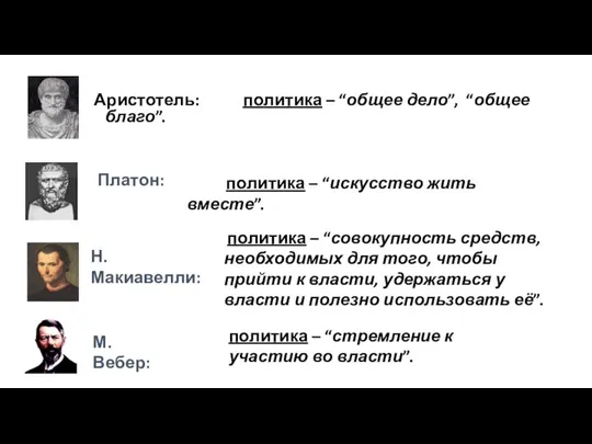 Аристотель: политика – “общее дело”, “общее благо”. политика – “искусство жить