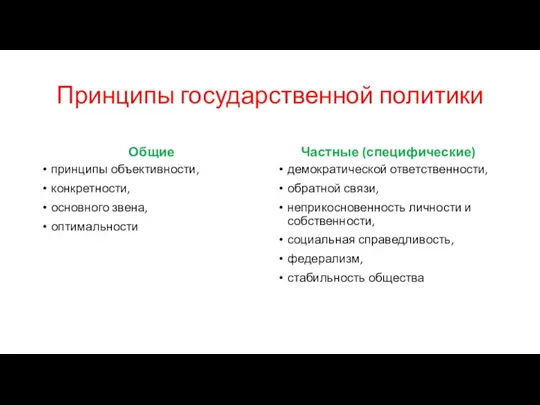 Принципы государственной политики Общие принципы объективности, конкретности, основного звена, оптимальности Частные