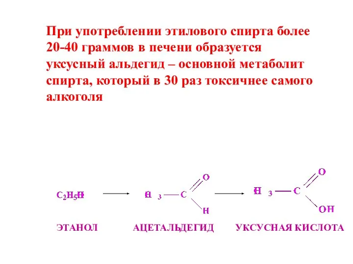 При употреблении этилового спирта более 20-40 граммов в печени образуется уксусный