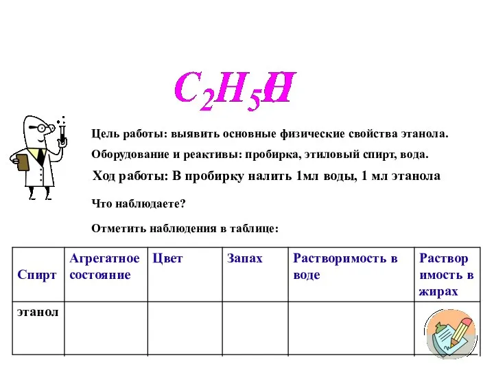 Лабораторный опыт 1. Изучение физических свойств этанола. Ход работы: В пробирку