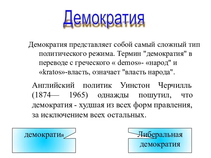 Демократия представляет собой самый сложный тип политического режима. Термин "демократия" в