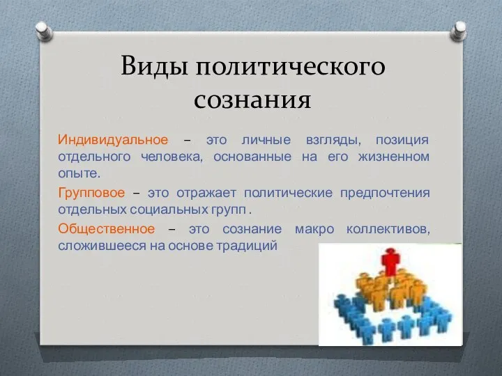 Виды политического сознания Индивидуальное – это личные взгляды, позиция отдельного человека,