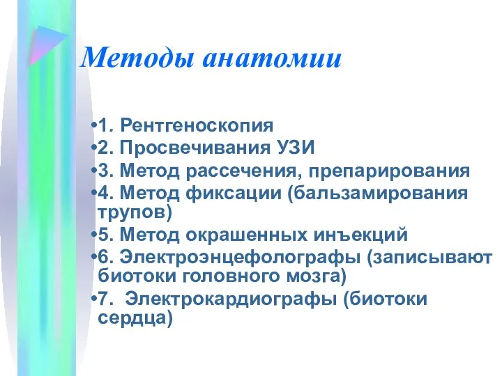 Методы анатомии 1. Рентгеноскопия 2. Просвечивания УЗИ 3. Метод рассечения, препарирования