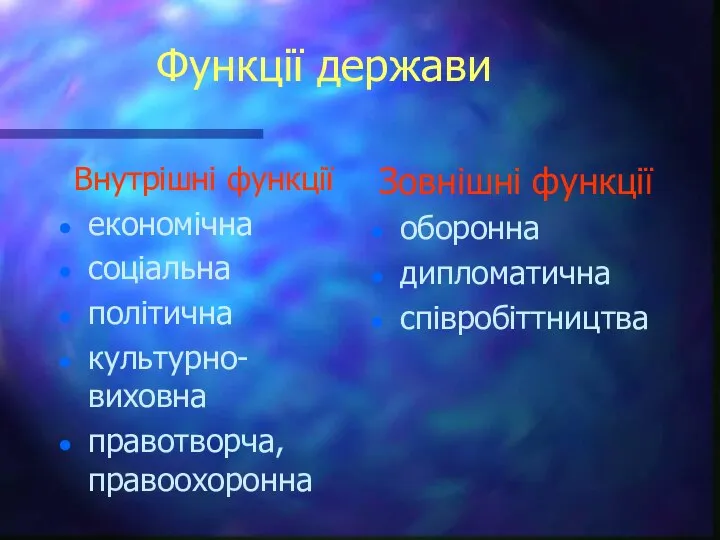 Функції держави Внутрішні функції економічна соціальна політична культурно-виховна правотворча, правоохоронна Зовнішні функції оборонна дипломатична співробіттництва