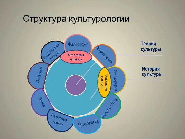 Структура культурологии Философия культуры Философия Политология Социология культуры Социология Антропология Психология Религове-дение Этика Эстетика Искусствове-дение