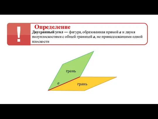 Определение Двугранный угол — фигура, образованная прямой а и двумя полуплоскостями