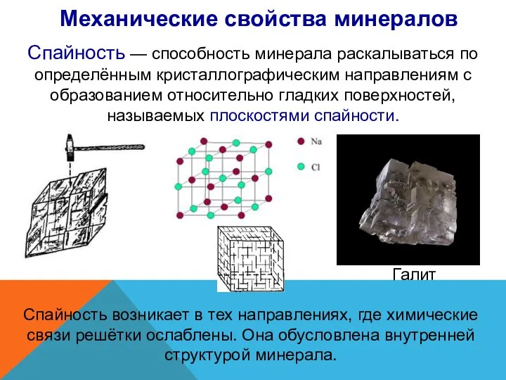 Механические свойства минералов Спайность возникает в тех направлениях, где химические связи