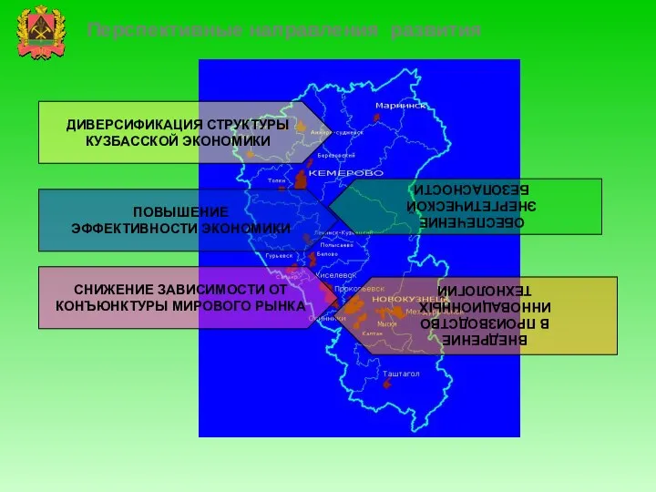 Перспективные направления развития ДИВЕРСИФИКАЦИЯ СТРУКТУРЫ КУЗБАССКОЙ ЭКОНОМИКИ ПОВЫШЕНИЕ ЭФФЕКТИВНОСТИ ЭКОНОМИКИ СНИЖЕНИЕ