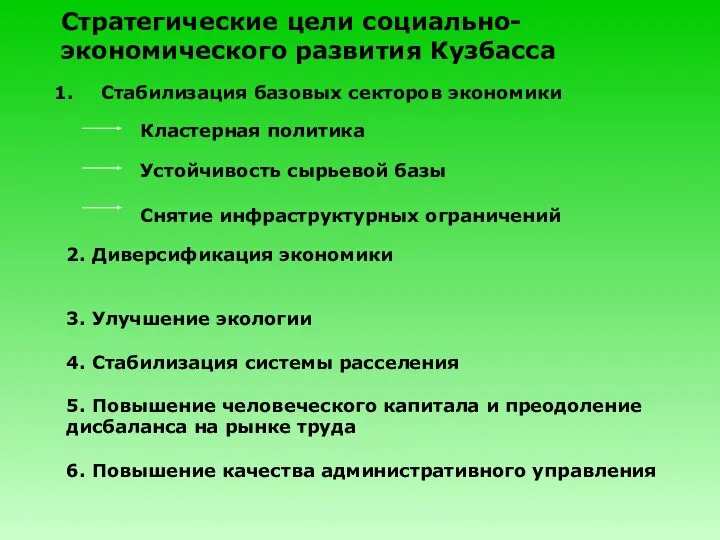 Стратегические цели социально-экономического развития Кузбасса Стабилизация базовых секторов экономики Кластерная политика