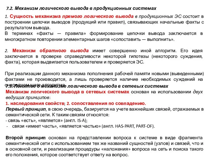 7.2. Механизм логического вывода в продукционных системах 1. Сущность механизма прямого