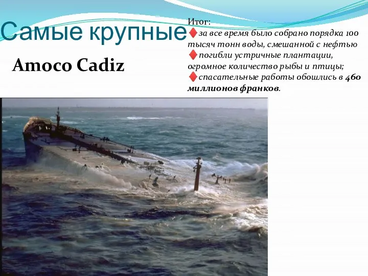 Самые крупные Amoco Cadiz Итог: ♦за все время было собрано порядка