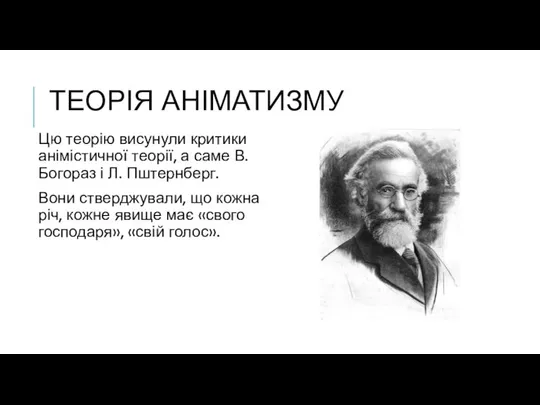 ТЕОРІЯ АНІМАТИЗМУ Цю теорію висунули критики анімістичної теорії, а саме В.