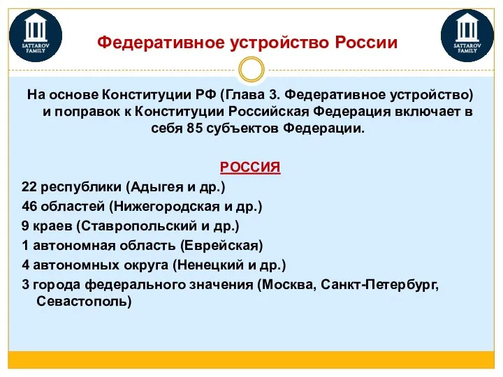 Федеративное устройство России На основе Конституции РФ (Глава 3. Федеративное устройство)