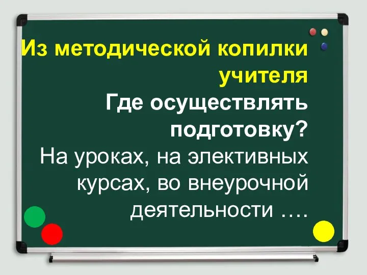 Из методической копилки учителя Где осуществлять подготовку? На уроках, на элективных курсах, во внеурочной деятельности ….