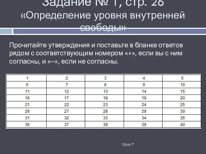 Задание № 1, стр. 26 «Определение уровня внутренней свободы» Урок 7