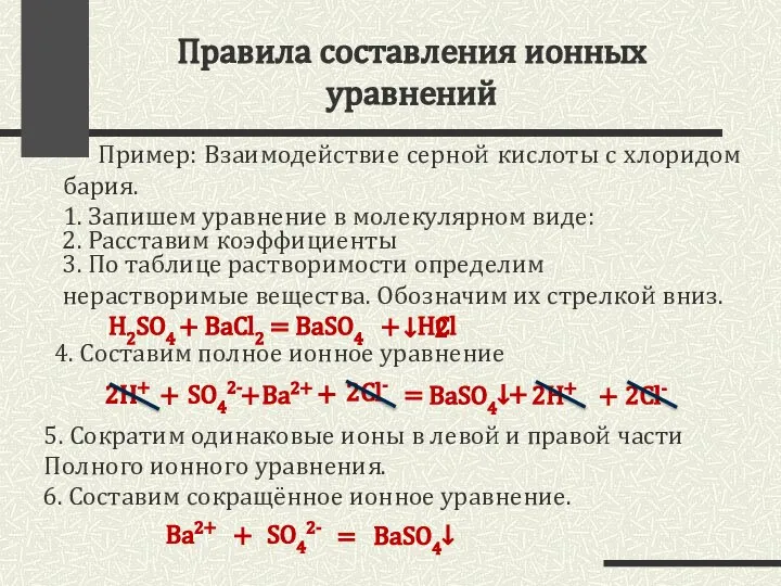 Правила составления ионных уравнений Пример: Взаимодействие серной кислоты с хлоридом бария.