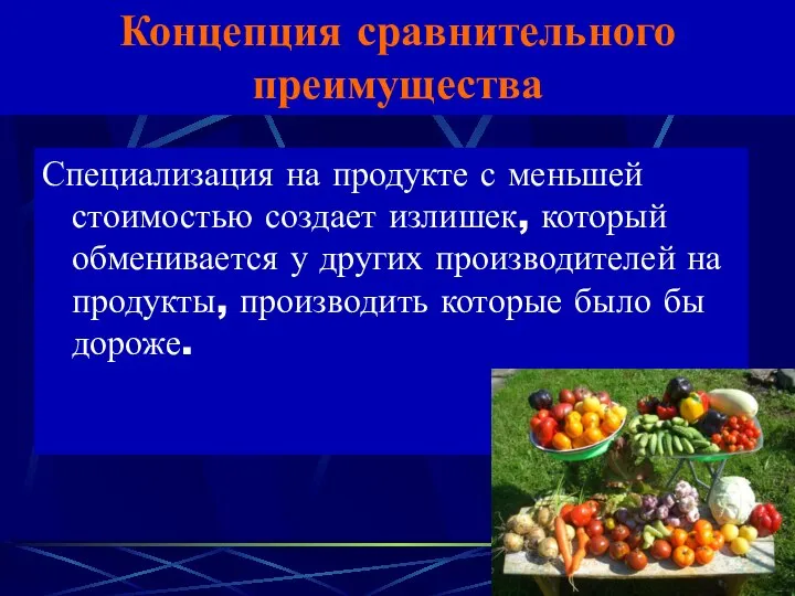 Концепция сравнительного преимущества Специализация на продукте с меньшей стоимостью создает излишек,