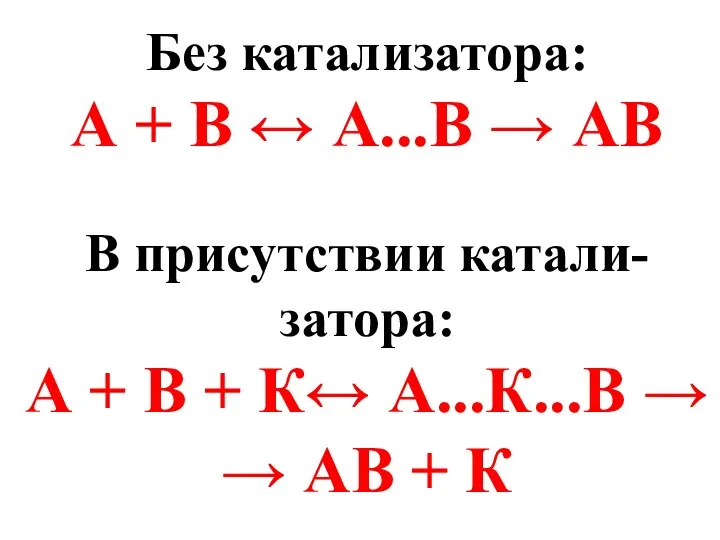 Без катализатора: А + В ↔ А...В → АВ В присутствии