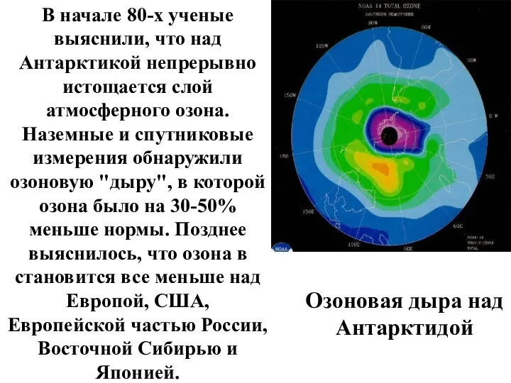 Озоновая дыра над Антарктидой В начале 80-х ученые выяснили, что над