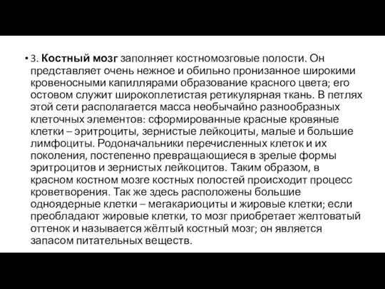 3. Костный мозг заполняет костномозговые полости. Он представляет очень нежное и