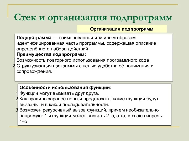 Стек и организация подпрограмм Организация подпрограмм Подпрограмма — поименованная или иным