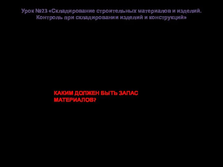 Урок №23 «Складирование строительных материалов и изделий. Контроль при складировании изделий