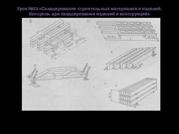 Урок №23 «Складирование строительных материалов и изделий. Контроль при складировании изделий и конструкций» Колонны, ригели, фермы;