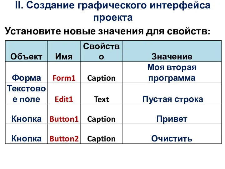 Установите новые значения для свойств: II. Создание графического интерфейса проекта