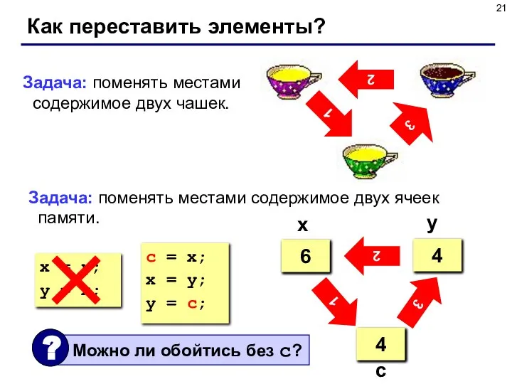 Как переставить элементы? 2 3 1 Задача: поменять местами содержимое двух