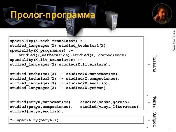 Пролог-программа speciality(X,tech_translator) :- studied_languages(X),studied_technical(X). speciality(X,programmer) :- studied(X,mathematics),studied(X, compscience). speciality(X,lit_translator) :- studied_languages(X),studied(X,literature).