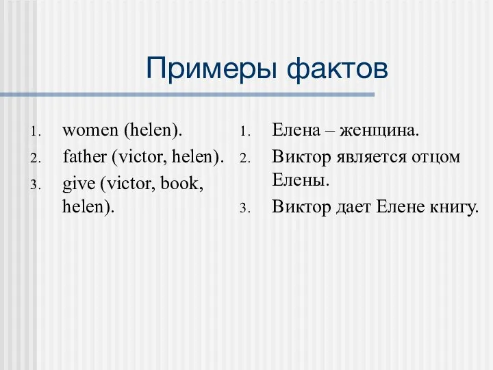 Примеры фактов women (helen). father (victor, helen). give (victor, book, helen).