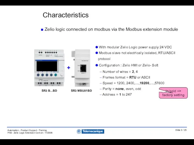 With modular Zelio Logic power supply 24 VDC Modbus slave not