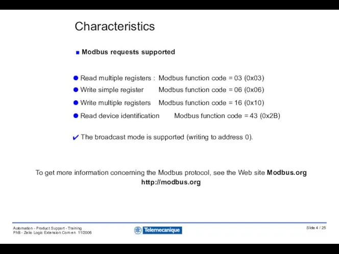 Modbus requests supported Read multiple registers : Modbus function code =