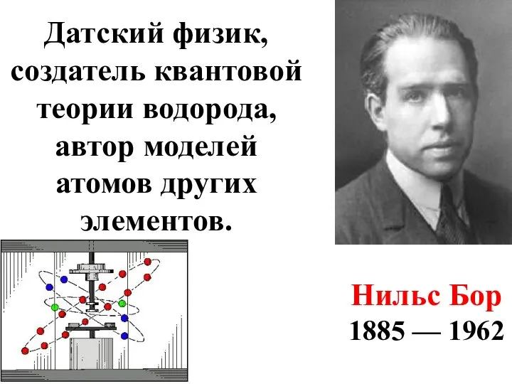 Нильс Бор 1885 — 1962 Датский физик, создатель квантовой теории водорода, автор моделей атомов других элементов.