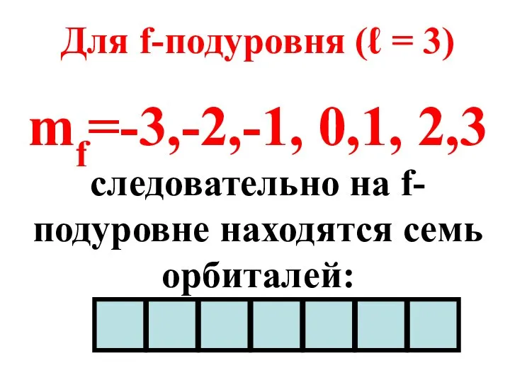 Для f-подуровня (ℓ = 3) mf=-3,-2,-1, 0,1, 2,3 следовательно на f-подуровне находятся семь орбиталей: