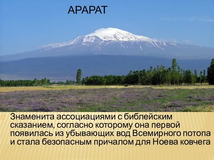 Знаменита ассоциациями с библейским сказанием, согласно которому она первой появилась из