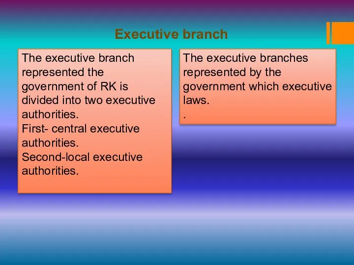 Executive branch The executive branch represented the government of RK is