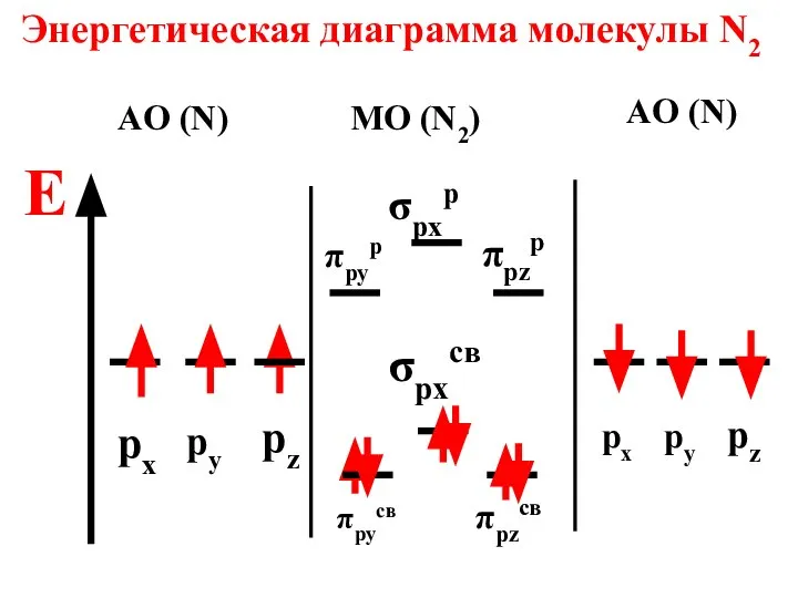 Энергетическая диаграмма молекулы N2 E AO (N) MO (N2) AO (N)