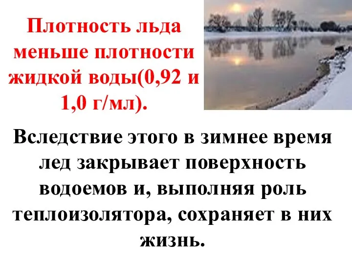 Плотность льда меньше плотности жидкой воды(0,92 и 1,0 г/мл). Вследствие этого