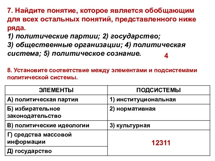 8. Установите соответствие между элементами и подсистемами политической системы. 7. Найдите