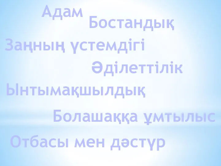 Адам Бостандық Заңның үстемдігі Әділеттілік Ынтымақшылдық Отбасы мен дәстүр Болашаққа ұмтылыс