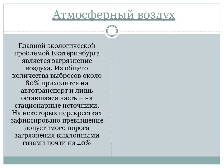 Атмосферный воздух Главной экологической проблемой Екатеринбурга является загрязнение воздуха. Из общего