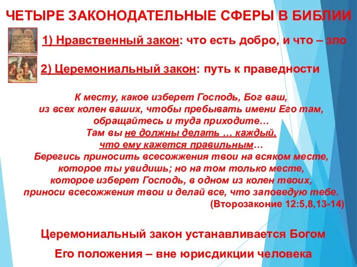 ЧЕТЫРЕ ЗАКОНОДАТЕЛЬНЫЕ СФЕРЫ В БИБЛИИ 1) Нравственный закон: что есть добро,