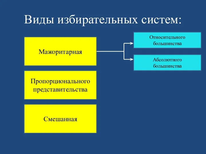 Виды избирательных систем: Мажоритарная Пропорционального представительства Смешанная Относительного большинства Абсолютного большинства