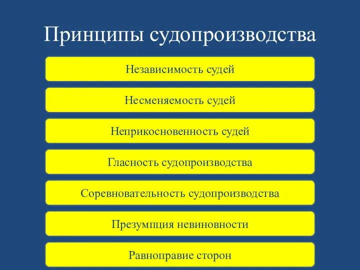 Принципы судопроизводства Независимость судей Несменяемость судей Неприкосновенность судей Гласность судопроизводства Соревновательность судопроизводства Презумпция невиновности Равноправие сторон