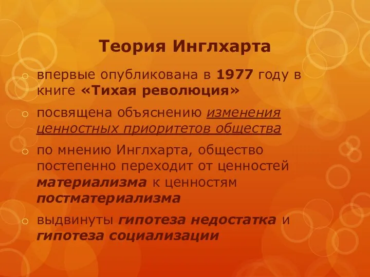 Теория Инглхарта впервые опубликована в 1977 году в книге «Тихая революция»